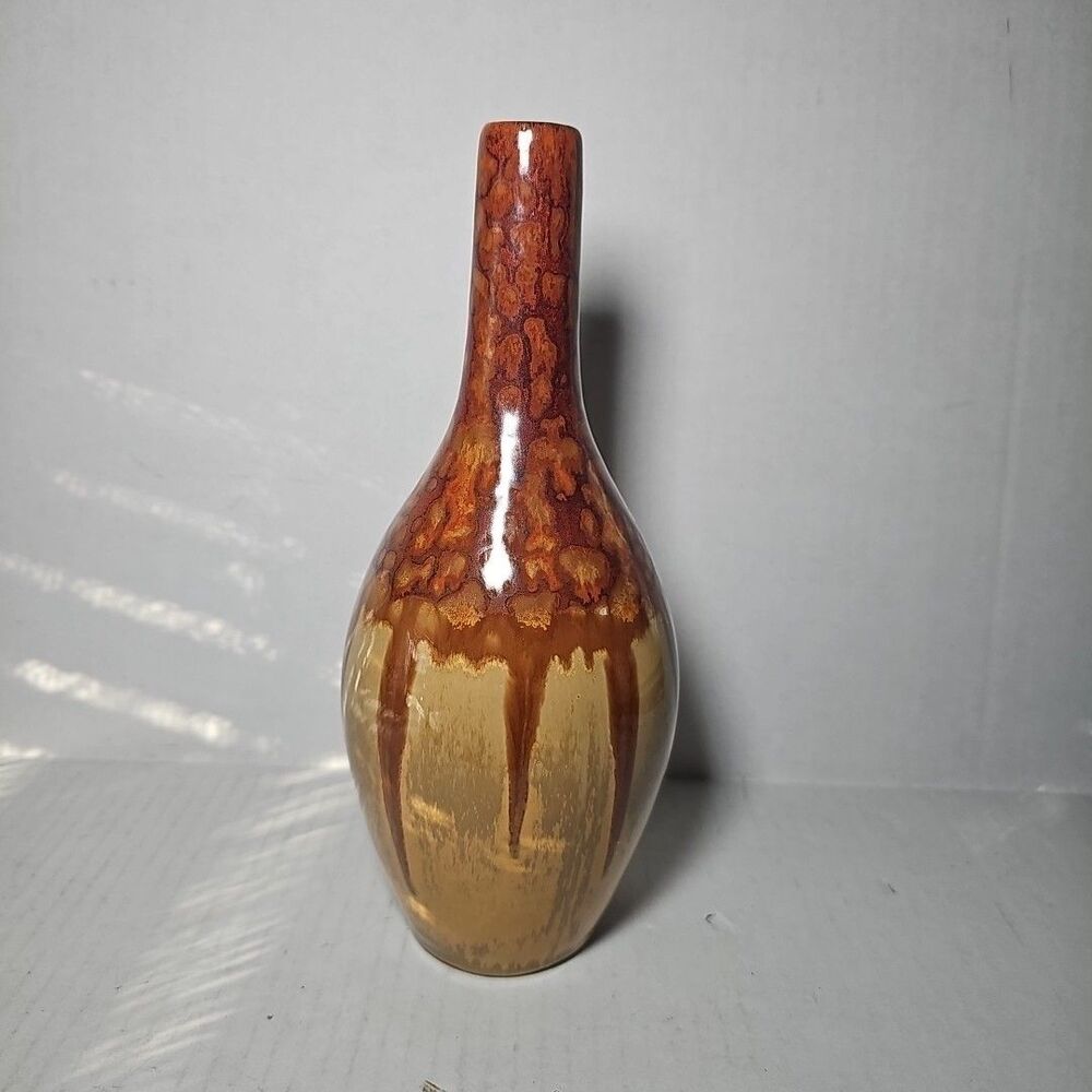 Tall Vintage Vase Drip Glaze Earth Tone Terra Cotta Pottery 10in MCM Neutral
